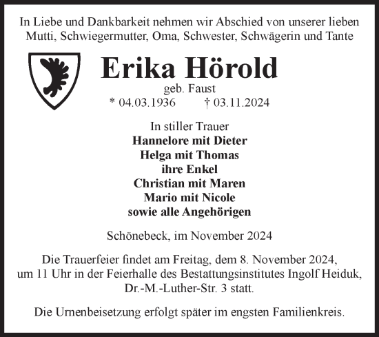 Traueranzeige von Erika Hörold von Volksstimme Schönebeck