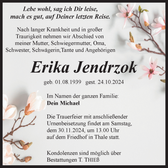 Traueranzeige von Erika Jendrzok von Trauerkombi Quedlinburg