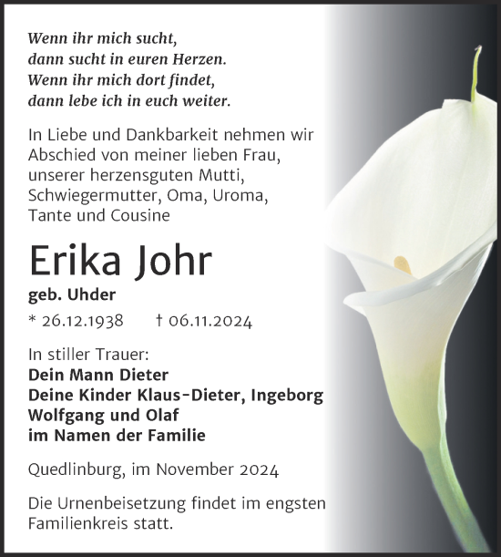 Traueranzeige von Erika Johr von Trauerkombi Quedlinburg