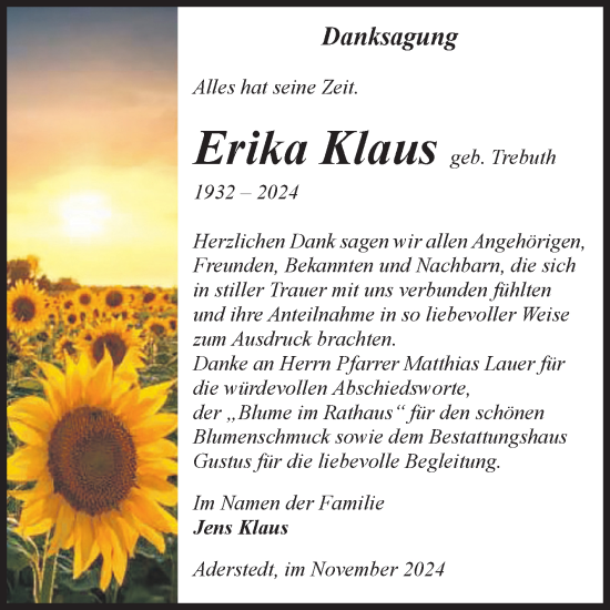 Traueranzeige von Erika Klaus von Volksstimme Halberstadt