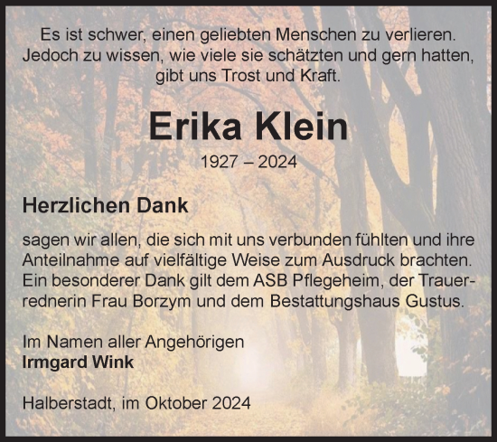 Traueranzeige von Erika Klein von Volksstimme Halberstadt