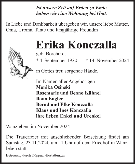 Traueranzeige von Erika Konczalla von Volksstimme Oschersleben/Wanzleben