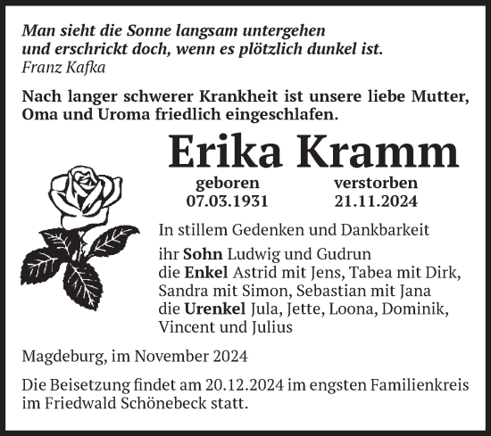 Traueranzeige von Erika Kramm von Volksstimme Burg/Genthin