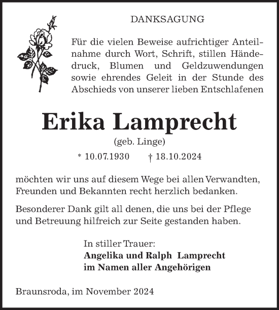 Traueranzeige von Erika Lamprecht von Super Sonntag Naumburg/Nebra