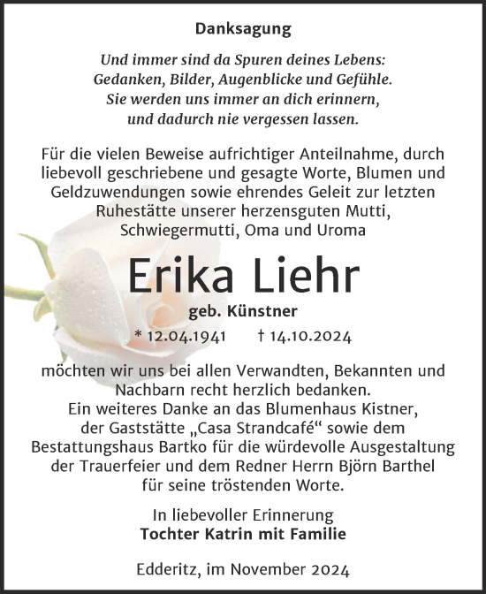 Traueranzeige von Erika Liehr von Trauerkombi Köthen