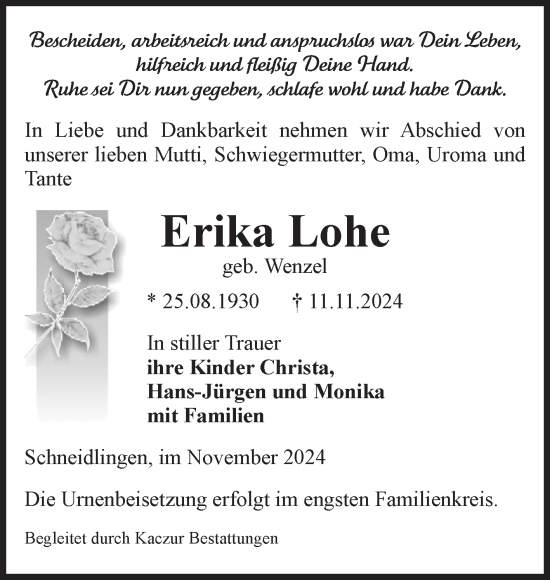 Traueranzeige von Erika Lohe von Volksstimme Staßfurt