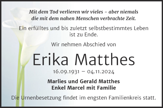 Traueranzeige von Erika Matthes von Trauerkombi Bitterfeld