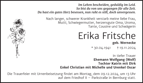 Traueranzeige von Erika Pritsche von Trauerkombi Bernburg
