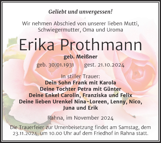 Traueranzeige von Erika Prothmann von Trauerkombi Weißenfels