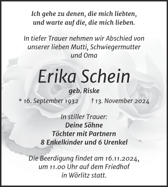 Traueranzeige von Erika Schein von Mitteldeutsche Zeitung Dessau-Roßlau