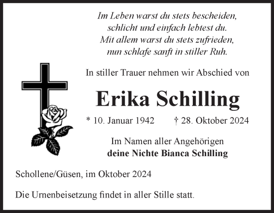 Traueranzeige von Erika Schilling von Volksstimme Burg/Genthin