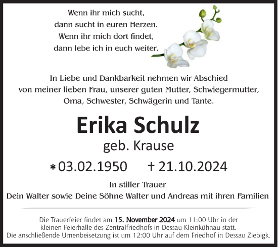 Traueranzeige von Erika Schulz von Trauerkombi Dessau