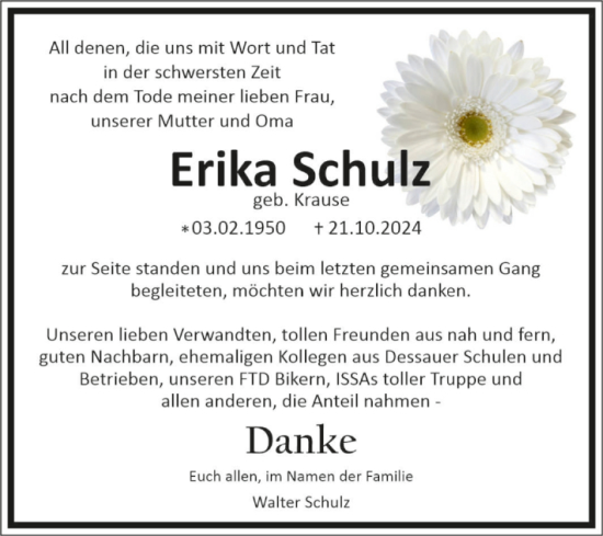 Traueranzeige von Erika Schulz von Trauerkombi Dessau