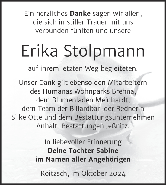 Traueranzeige von Erika Stolpmann von Trauerkombi Bitterfeld