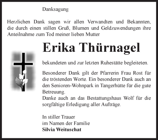 Traueranzeige von Erika Thürnagel von Volksstimme Altmark Ost