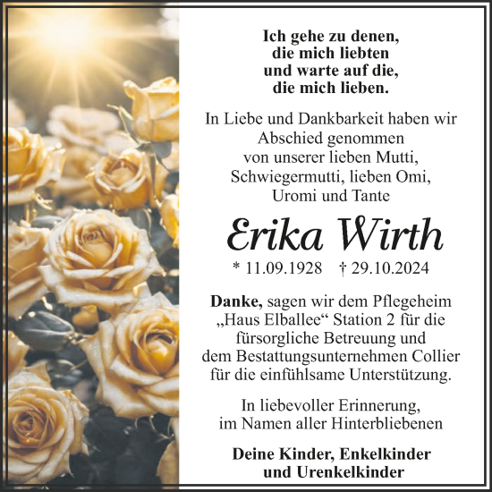 Traueranzeige von Erika Wirth von Trauerkombi Dessau