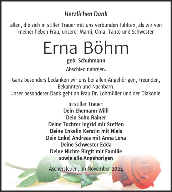 Traueranzeige von Erna Böhm von Trauerkombi Aschersleben