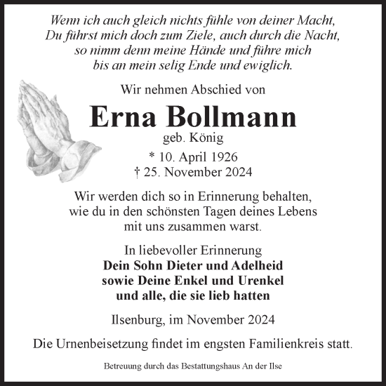 Traueranzeige von Erna Bollmann von Volksstimme Wernigerode