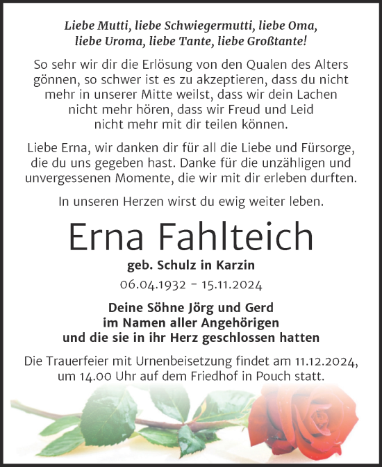 Traueranzeige von Erna Fahlteich von Trauerkombi Bitterfeld