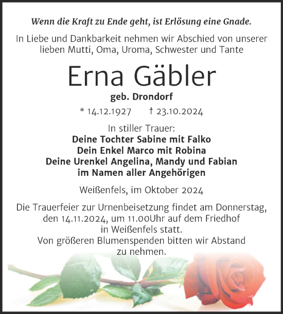 Traueranzeige von Erna Gäbler von Trauerkombi Weißenfels