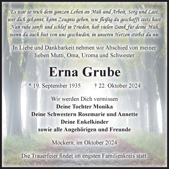 Traueranzeige von Erna Grube von Volksstimme Burg/Genthin