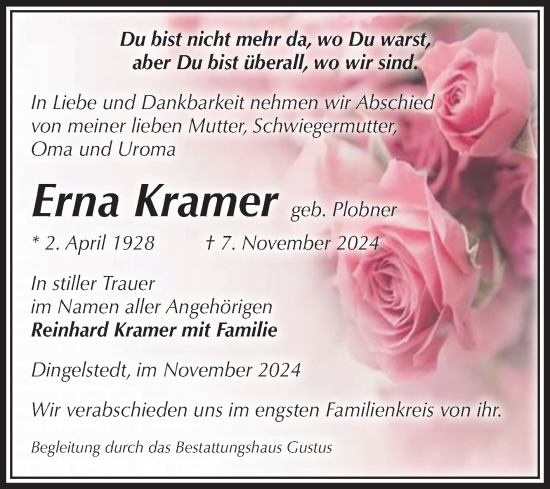 Traueranzeige von Erna Kramer von Volksstimme Halberstadt