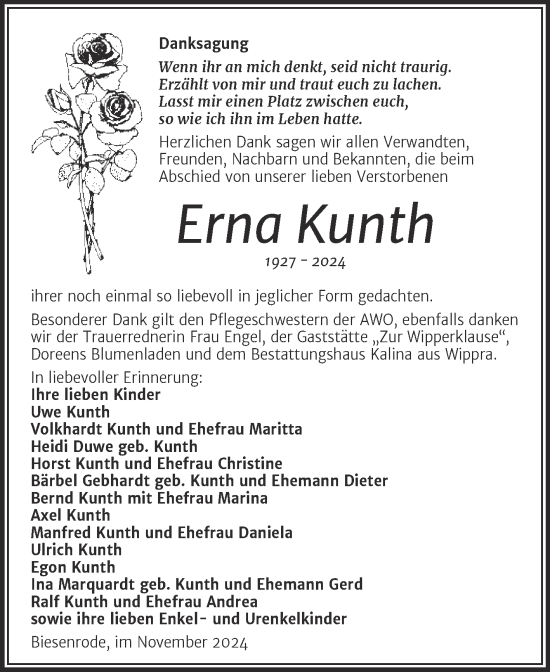 Traueranzeige von Erna Kunth von Trauerkombi Mansfelder Land