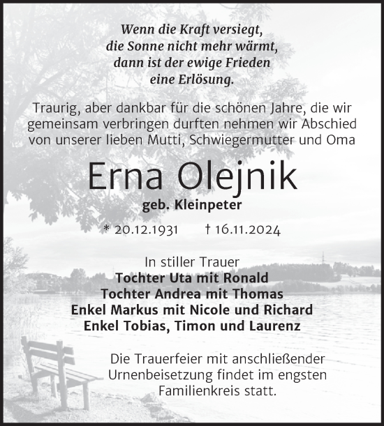 Traueranzeige von Erna Olejnik von Trauerkombi Wittenberg