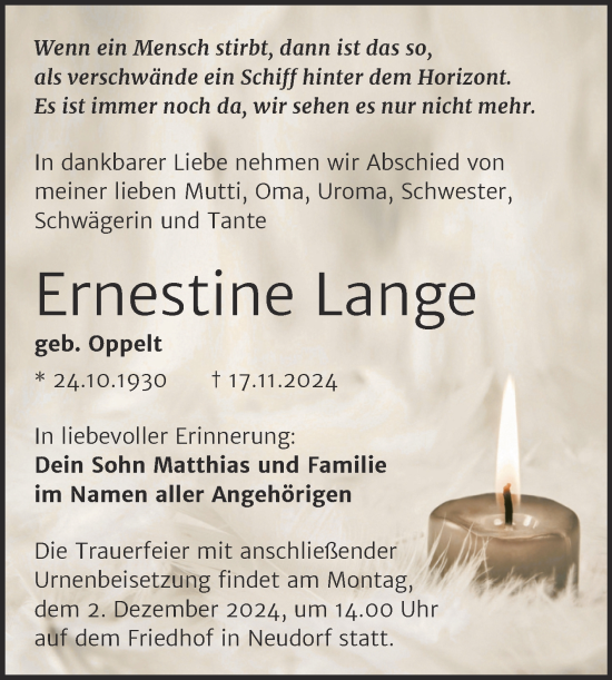 Traueranzeige von Ernestine Lange von Trauerkombi Quedlinburg