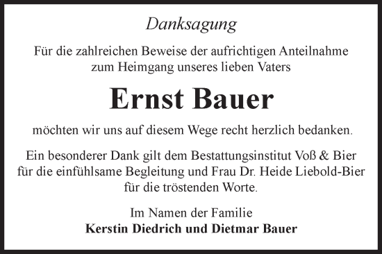 Traueranzeige von Ernst Bauer von Volksstimme Wernigerode