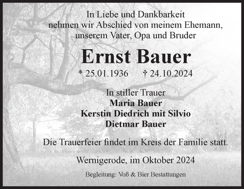  Traueranzeige für Ernst Bauer vom 02.11.2024 aus Volksstimme Wernigerode