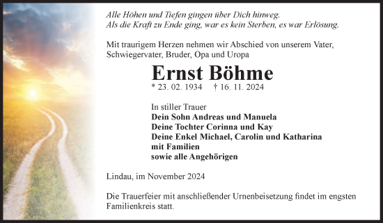 Traueranzeige von Ernst Böhme von Volksstimme Zerbst