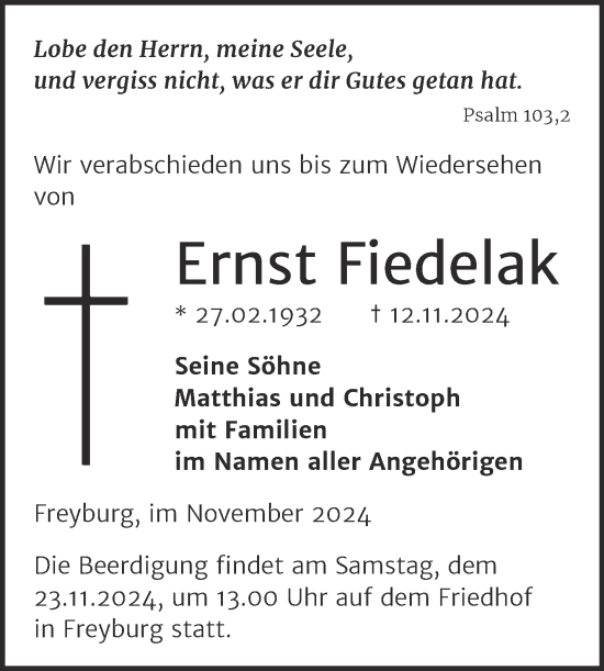 Traueranzeige von Ernst Fiedelak von Naumburger Tageblatt