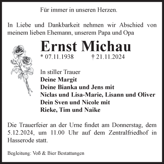 Traueranzeige von Ernst Michau von Volksstimme Wernigerode
