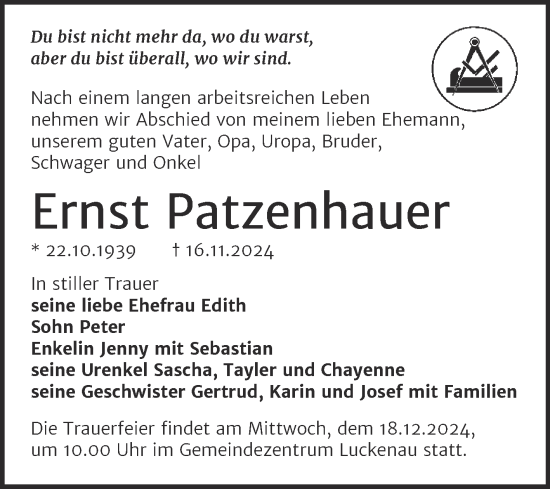 Traueranzeige von Ernst Patzenhauer von Trauerkombi Zeitz