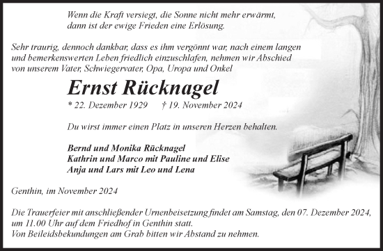 Traueranzeige von Ernst Rücknagel von Volksstimme Burg/Genthin
