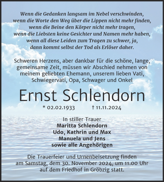 Traueranzeige von Ernst Schlendorn von Trauerkombi Köthen