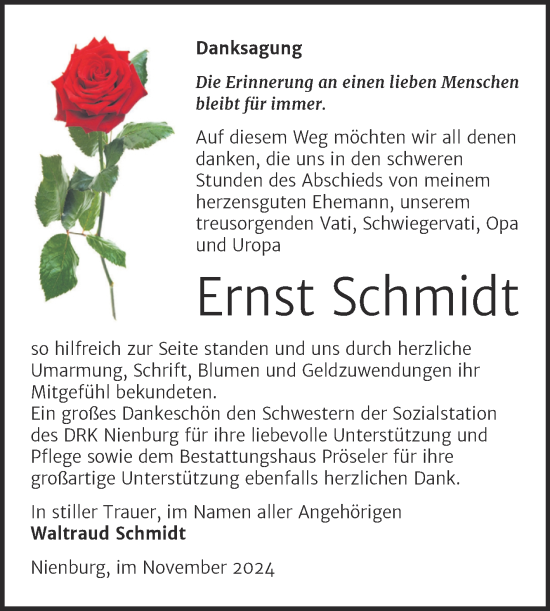 Traueranzeige von Ernst Schmidt von Trauerkombi Bernburg