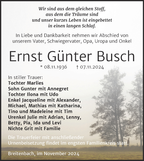 Traueranzeige von Ernst Günter Busch von Trauerkombi Sangerhausen