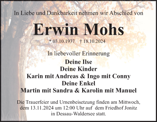 Traueranzeige von Erwin Mohs von Trauerkombi Dessau