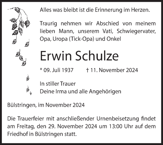 Traueranzeige von Erwin Schulze von Volksstimme Haldensleben/Wolmirstedt