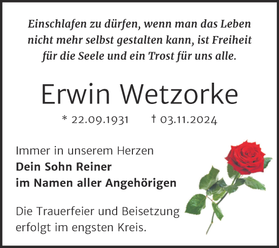 Traueranzeige von Erwin Wetzorke von Trauerkombi Dessau