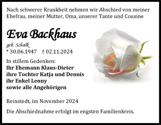 Traueranzeige von Eva Backhaus von Trauerkombi Aschersleben