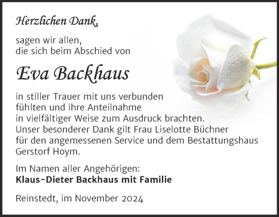 Traueranzeige von Eva Backhaus von Trauerkombi Quedlinburg