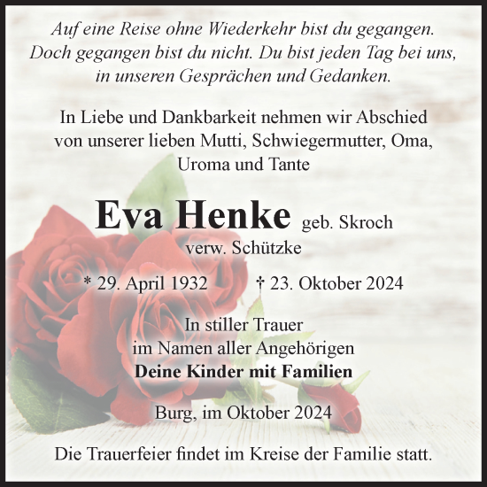 Traueranzeige von Eva Henke von Volksstimme Burg/Genthin