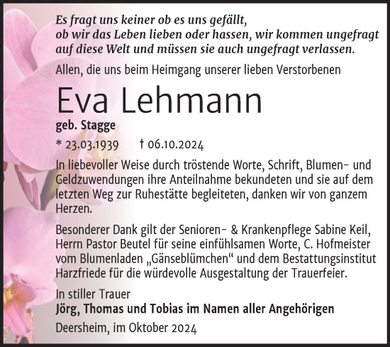 Traueranzeige von Eva Lehmann von Volksstimme Halberstadt