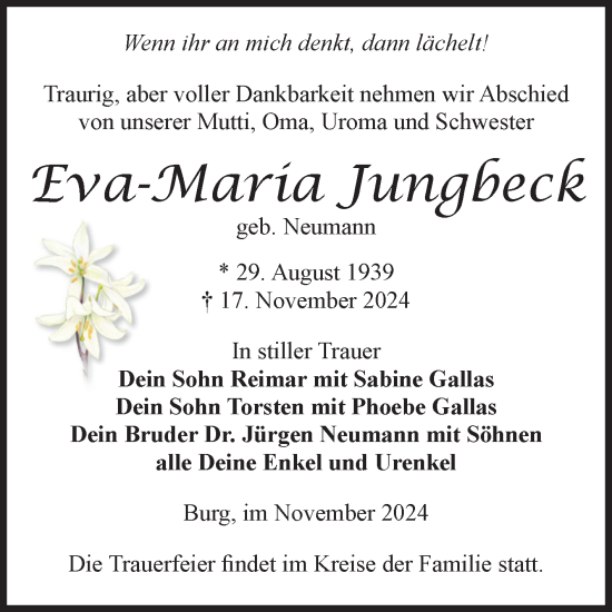Traueranzeige von Eva-Maria Jungbeck von Volksstimme Burg/Genthin