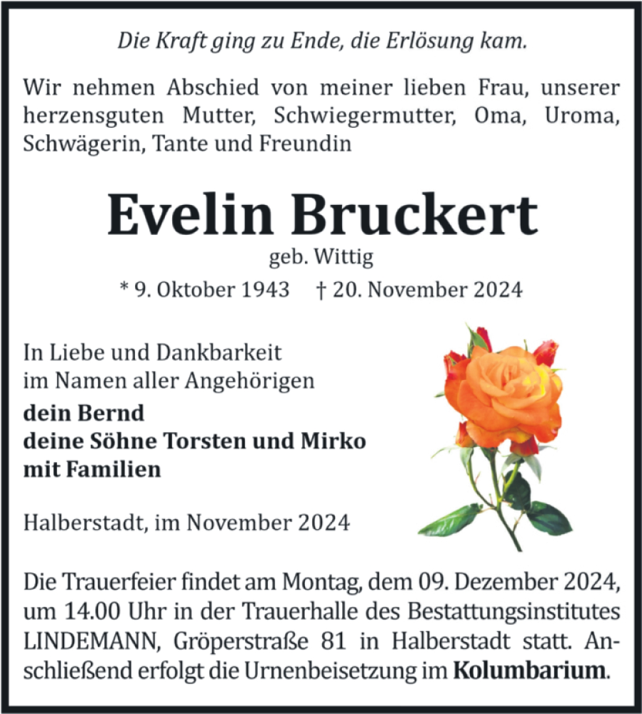  Traueranzeige für Evelin Bruckert vom 23.11.2024 aus Volksstimme Halberstadt