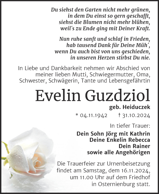 Traueranzeige von Evelin Guzdziol von Trauerkombi Köthen
