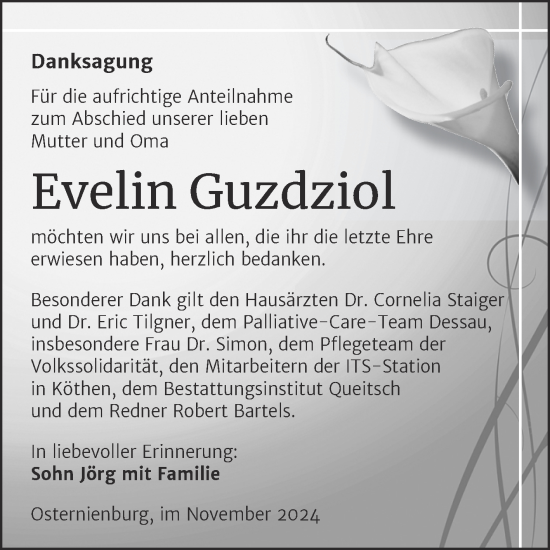 Traueranzeige von Evelin Guzdziol von Trauerkombi Köthen